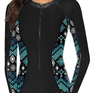 Women's Long Sleeve Rash Guard UV Protection Zipper Printed One Piece Swimsuit